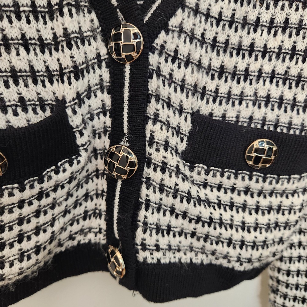 London Kaye Black White‎ Women's Cropped V-Neck Cardigan Buttons Large Office - Picture 3 of 15